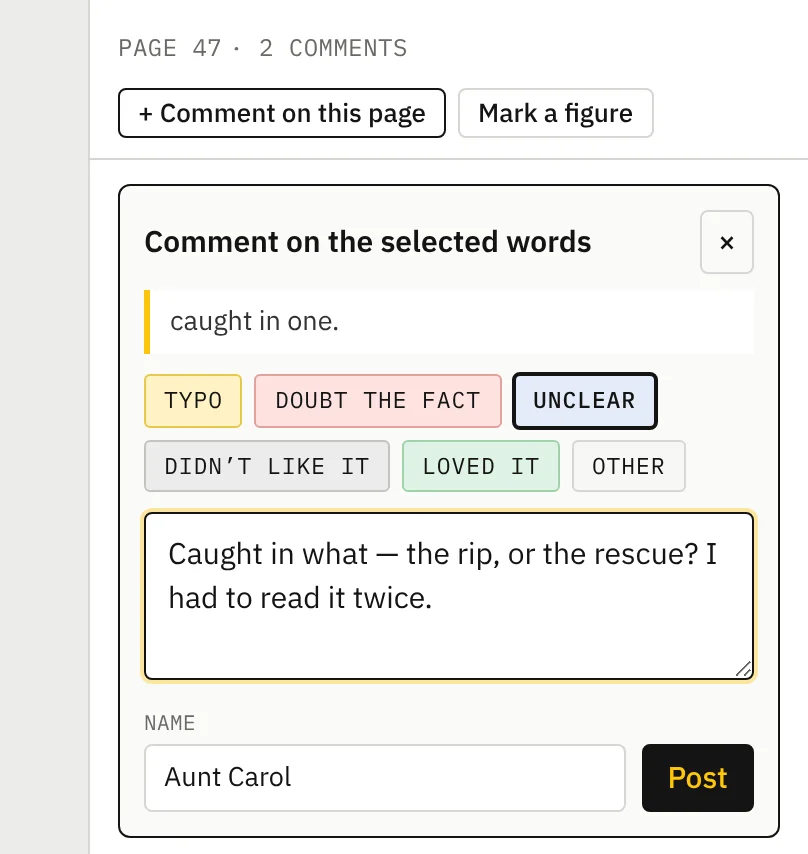 The comment form with quote, kind buttons, text box and Post