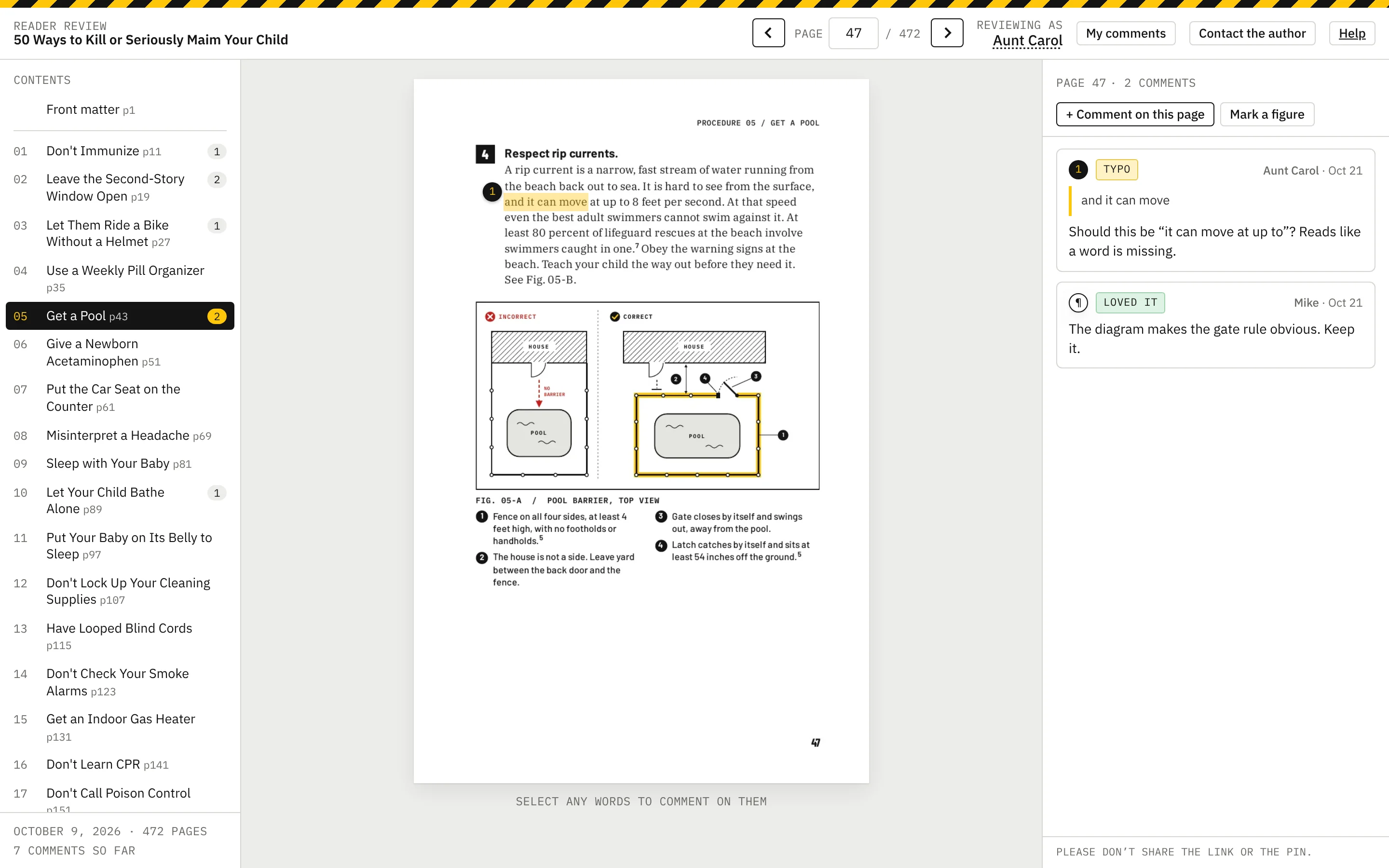 The reader screen: chapter list, page, comments panel