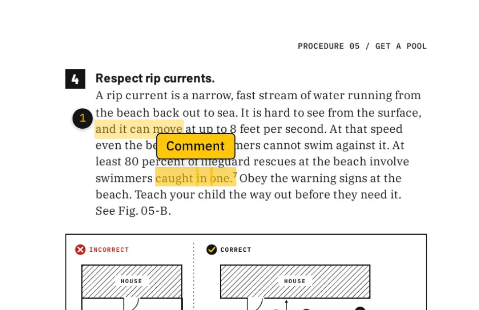 Words selected on the page with a Comment button beside them